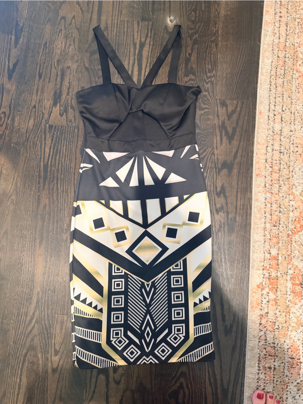 Sleeveless Black & Gold Geometric Print Bodycon Dress